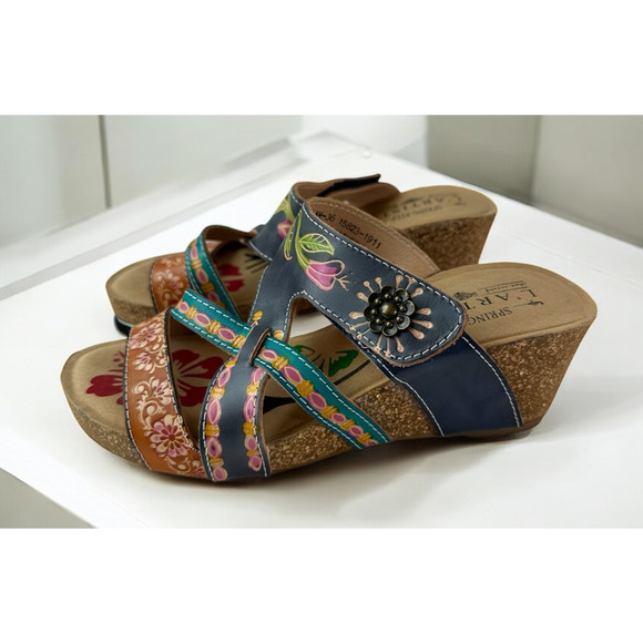 Spring Step Shoes - Spring Step L'Artiste Swan Sandals Handpainted Leather Wedge Heel Boho 36 5.5/6